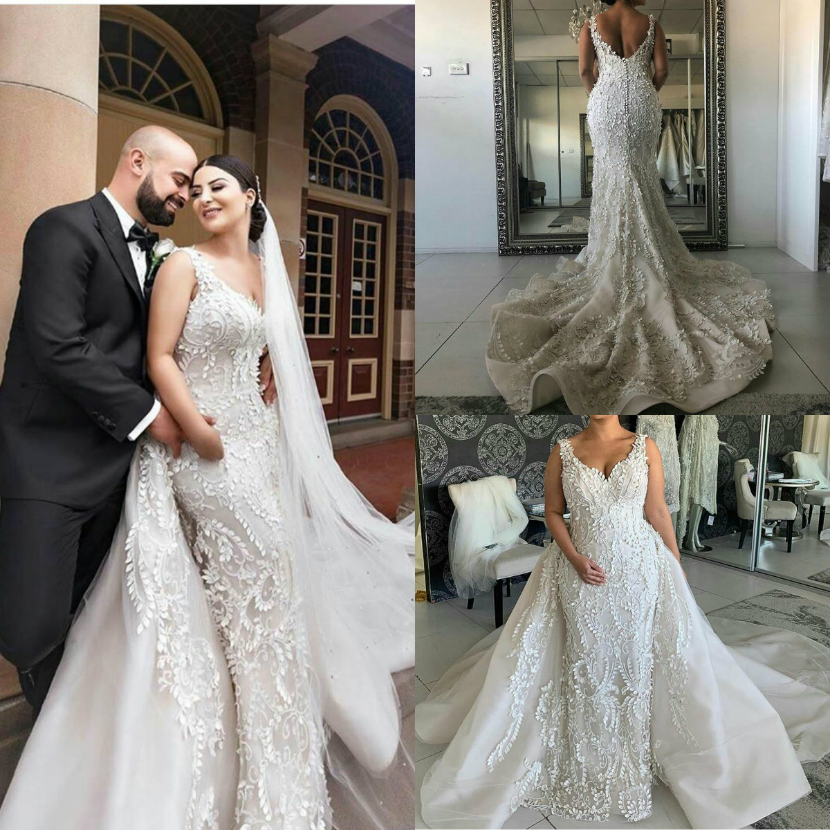 floral mermaid wedding dresses with detachable train sleeveless appliques lace bridal gown custom made sweep train vestidos de novia