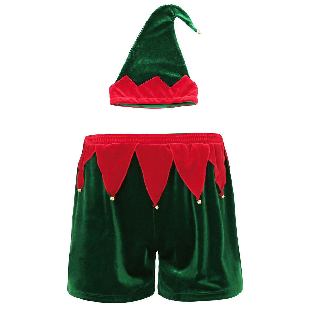 Christmas Sexy Lingerie Set Mens Hot Boxer Shorts with Bells Hat Christmas Green Elf Cosplay Outfit Homme Club Wear Fancy Dress LY191222