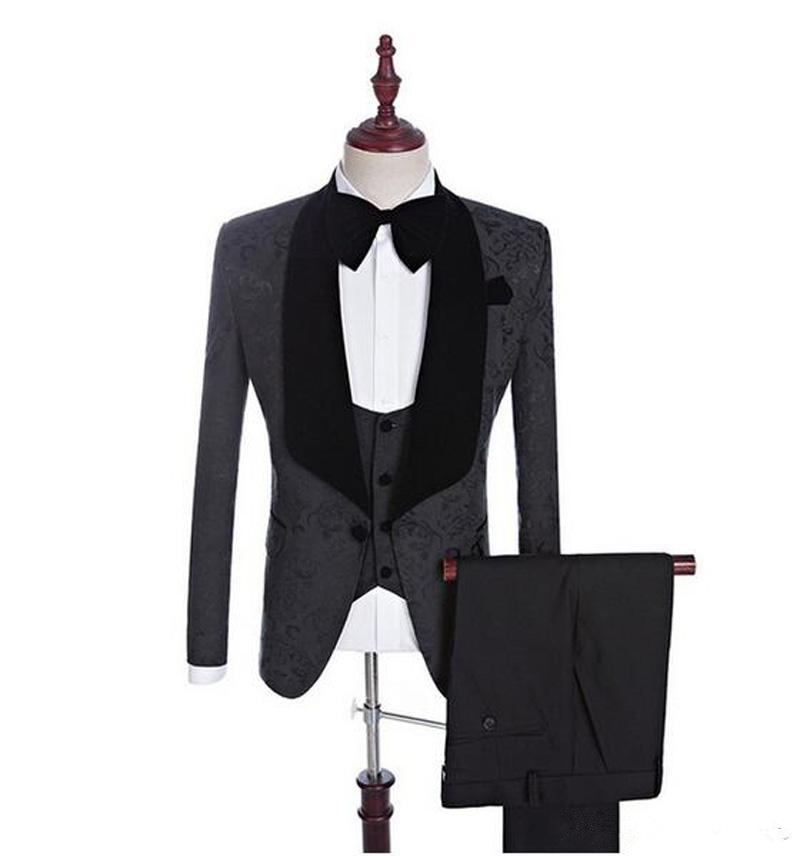 floral pattern black men suit wedding groom tuxedos slim fit formal business suit groomsmen best men costumes pantsvestcoat