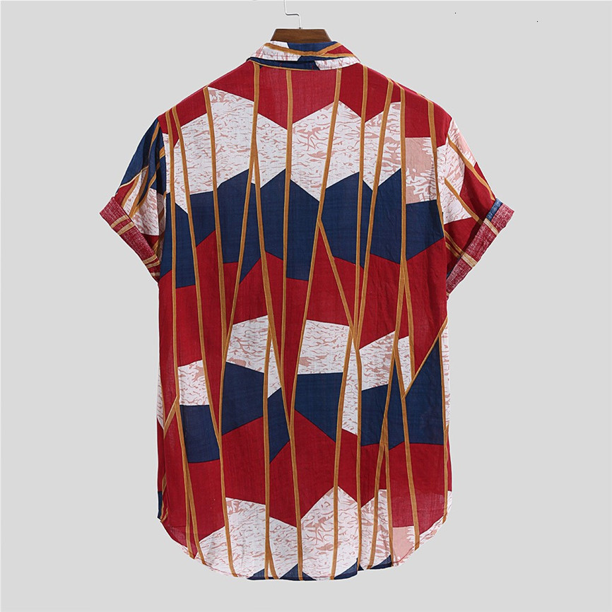Hawaiian Print Shirt 2019 Men Contrast Color Geometric Print Button Short Sleeve Loose Streetwear Oversize Camisa Masculina