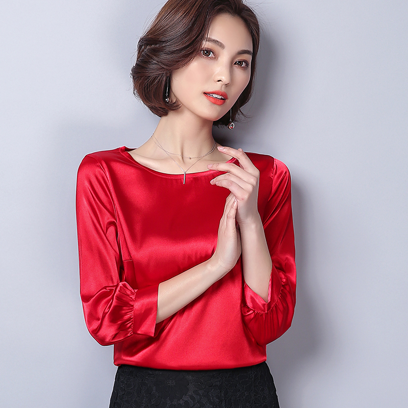 Women Blouses Casual OL Silk Blouse Autumn Loose Basic Satin Shirt Work Wear Blusas Feminina Tops Shirts Plus Size XXXL Pink/Red MX200407