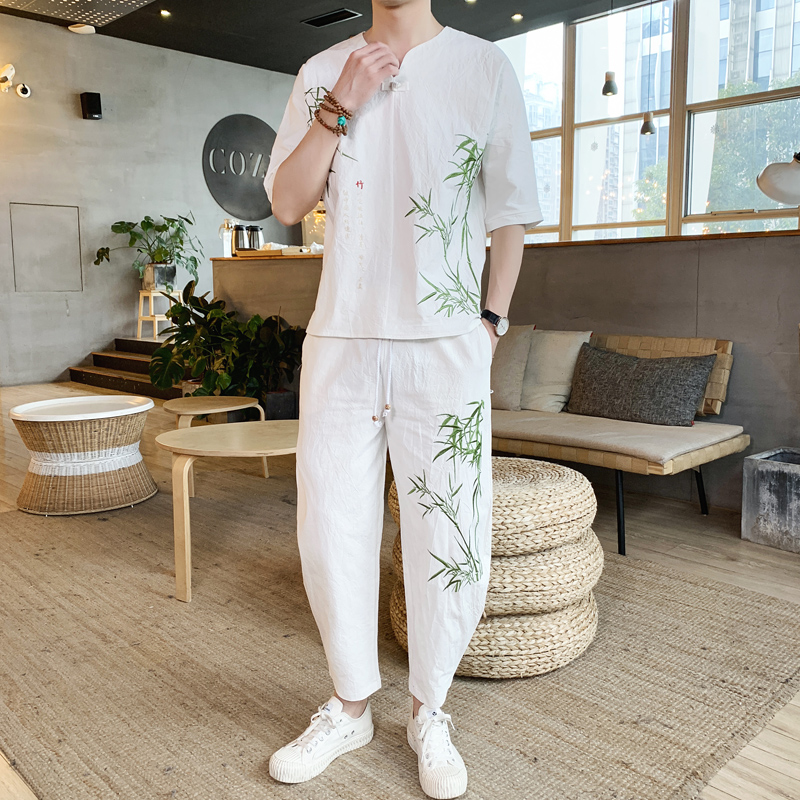 Sinicism Store Bamboo Embroidery Tracksuit Men 2019 Mens Summer Linen Sweatsuits Male Streetwear Chinese Vintage 2 Piece Sets