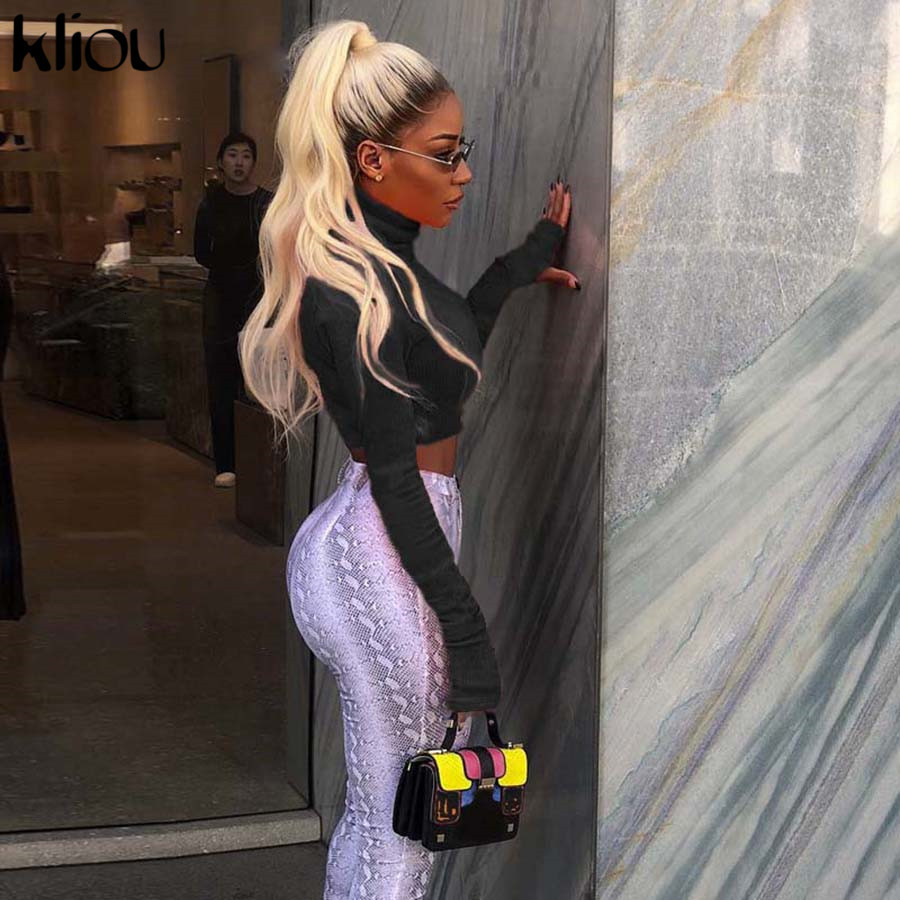 Kliou 2018 Autumn Winter Women Turtleneck Sweatshirts Full Sleeve Fluorescence Solid Color Female Short Pullovers Hoodies Tops C19041102