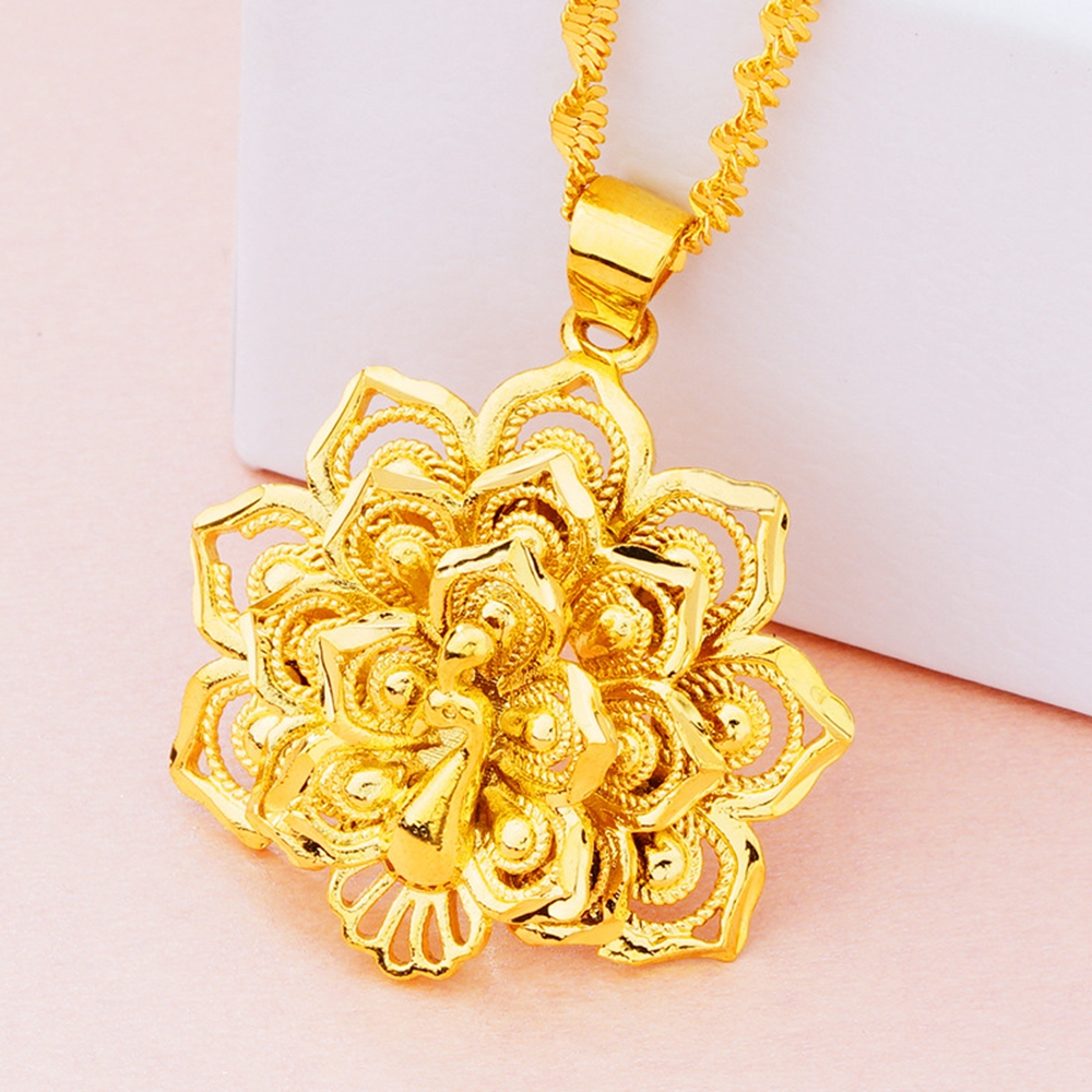 Vivid Peacock Pendant Chain Solid 18k Yellow Gold Filled Womens Girls Filigree Hollow Pendant Necklace Gift Fashion Accessories