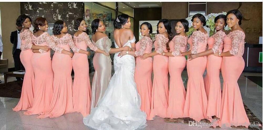 Peach Arabic African Cheap Long Bridesmaid Dresses Half Sleeves Plus Size Lace Mermaid Long Party Dress Bridemaid Dress Maid Honor Gowns