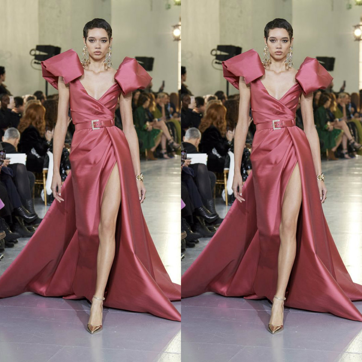 hot sell aline evening dresses highsplit vneck sleeveless satin ruched sash pageant gown floor length custom made formal party dress