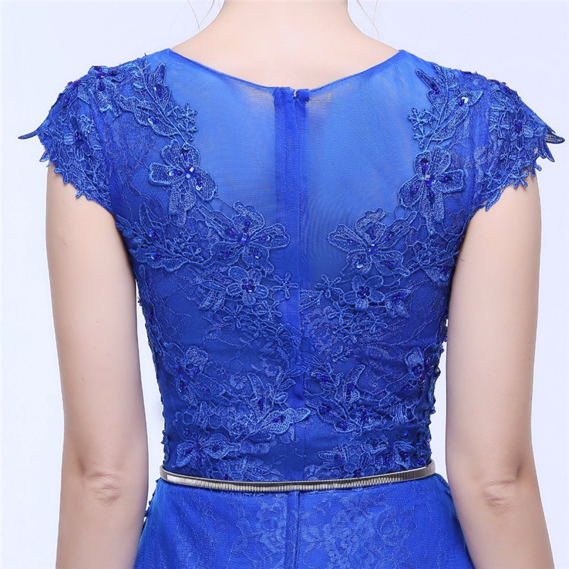 Blue Tulle A-line Prom Dresses With Belt Formal Evening Gowns Cap Sleeves Floor Length Party Dress