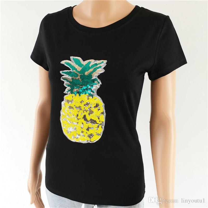 2020 new spring summer fashion new loose sexy tee women top embroidered pineapple sequins T-shirt Girl tops code