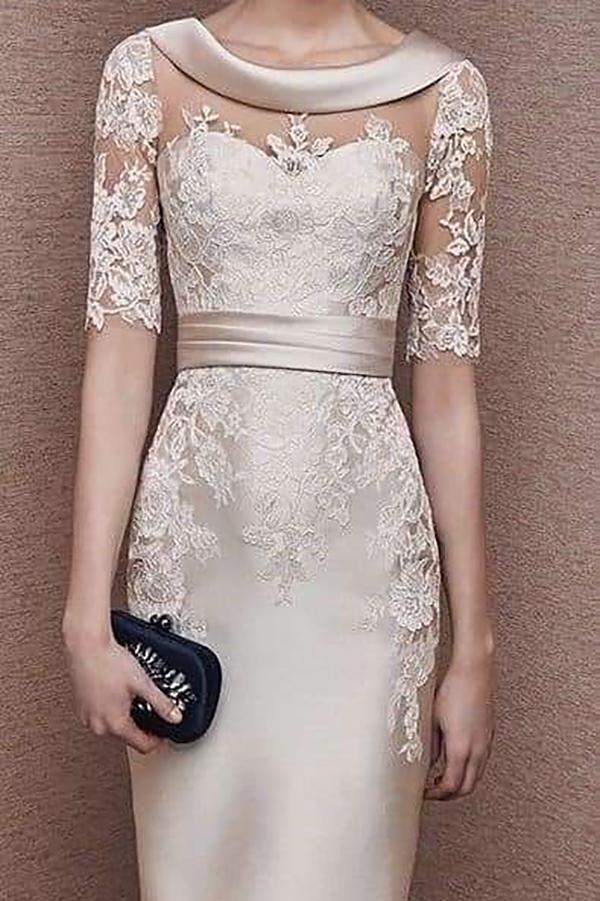 Chic Mother Of The Bride Dresses Scoop Neck Appliqued Beaded Half Sleeves Wedding Guest Gowns Backless Floor Length Sheath Mother Gown