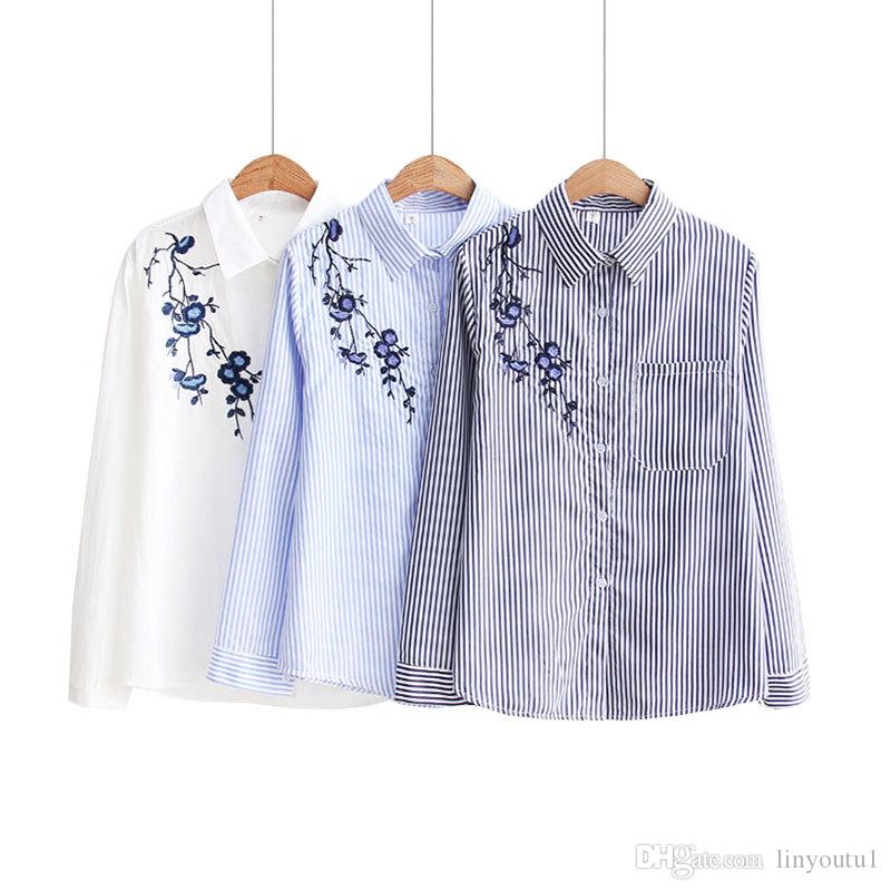 2020 Floral Embroidery Striped Blouse Women Long Sleeve Shirt And Tops Casual Cotton Plus Size 3XL Tops Office Lady