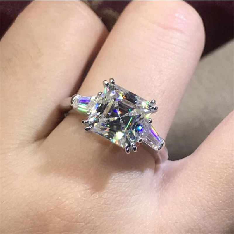 Real Sparkling Luxury Jewelry 925 Sterling Silver Princess Cut Big White Topaz Square CZ Diamond Gemstones Eternity Women Wedding Band Ring