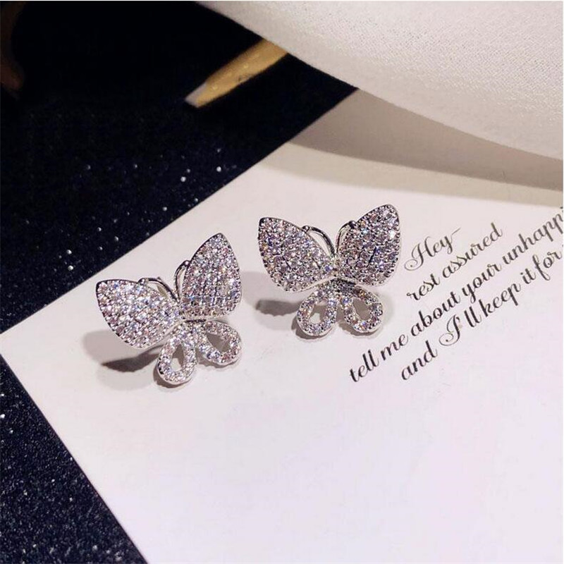 Sweet Cute Luxury Sparkling Jewelry 925 Sterling Silver Pave White Sapphire CZ Diamond Gemstones Women Butterfly Wedding Stud Earring Gift