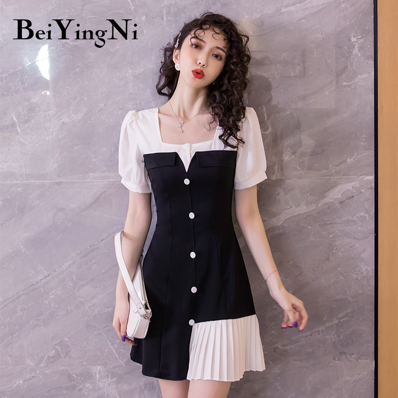 Beiyingni 2020 Short Sleeve Woman Dress Single-breasted Patchwork Casual Slim Elegant Pleated Mini Dress Hit Color Robe Femme, Black
Beiyingni 2020 Short Sleeve Woman Dress Single-breasted Patchwork Casual Slim Elegant Pleated Mini Dress Hit Color Robe Femme, Black