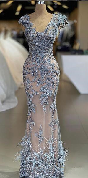 Dusty Blue Illusion Prom Dresses 2020 African Lace Feathers Mermaid Evening Dress Beaded Party Wear Pageant Gowns