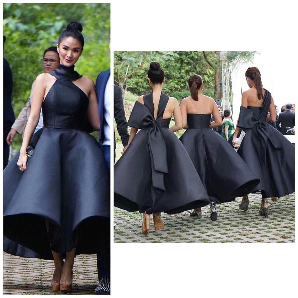 New Arrival Sexy Ball Gown Ruffles Cocktail Dresses High Neck Sleeveless Big Bow Prom Evening Gowns Party Dresses Tea Length Bridesmaid