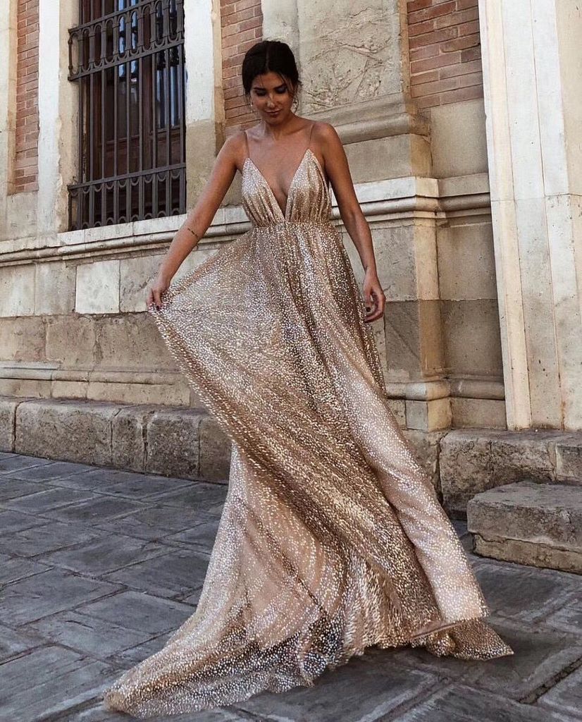 New Designer Bling Gold Sequins Prom Dresses 2019 Spaghetti Backless Sweep Train Evening Gowns Pageant Dress Formal Wear