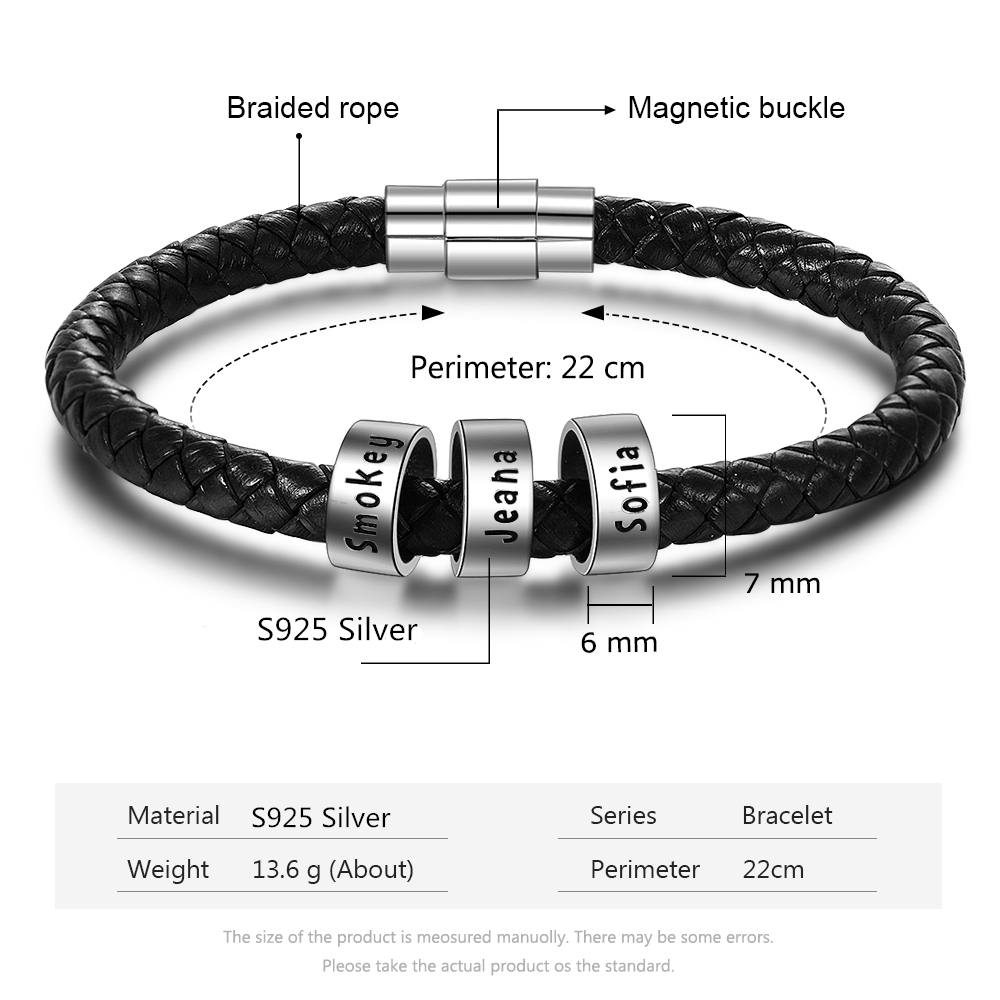 JewelOra 925 Sterling Silver Personalized Custom 2- 5 Names Beads Bracelets for Men Charm Black Braided Leather Bracelet Jewelry CX200704