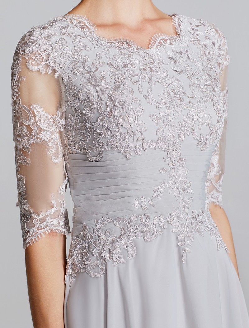 2019 Newest Short Mother of the Bride Dresses Lace Appliqued Chiffon Knee Length 3/4 Long Sleeve Mothers Dresses Cheap Wedding Guest Dress