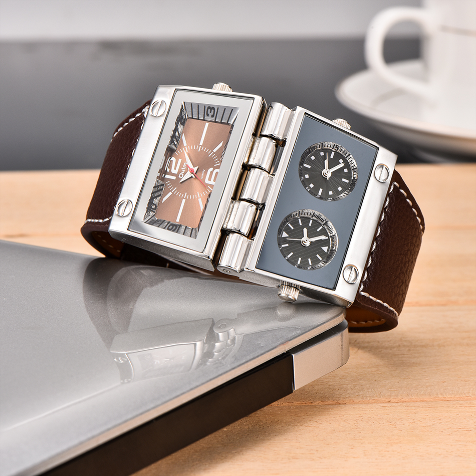 New Men Dual Display Sports Watches Oulm Men Watch Big Size Fashion Outdoor Clock Pu Leather Quartz Watch Relogio Masculino Y19051503