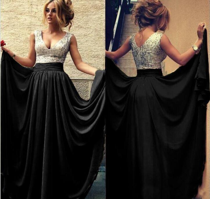 Summer Cheap Evening Dresses V Neck A line Chiffon Sequins Long Prom Dress Burgundy Black Party Gowns