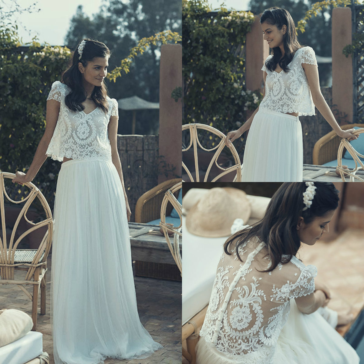 Vintage Wedding Dresses 2 Pieces V Neck Short Sleeves A Line Lace Jacket Sweep …