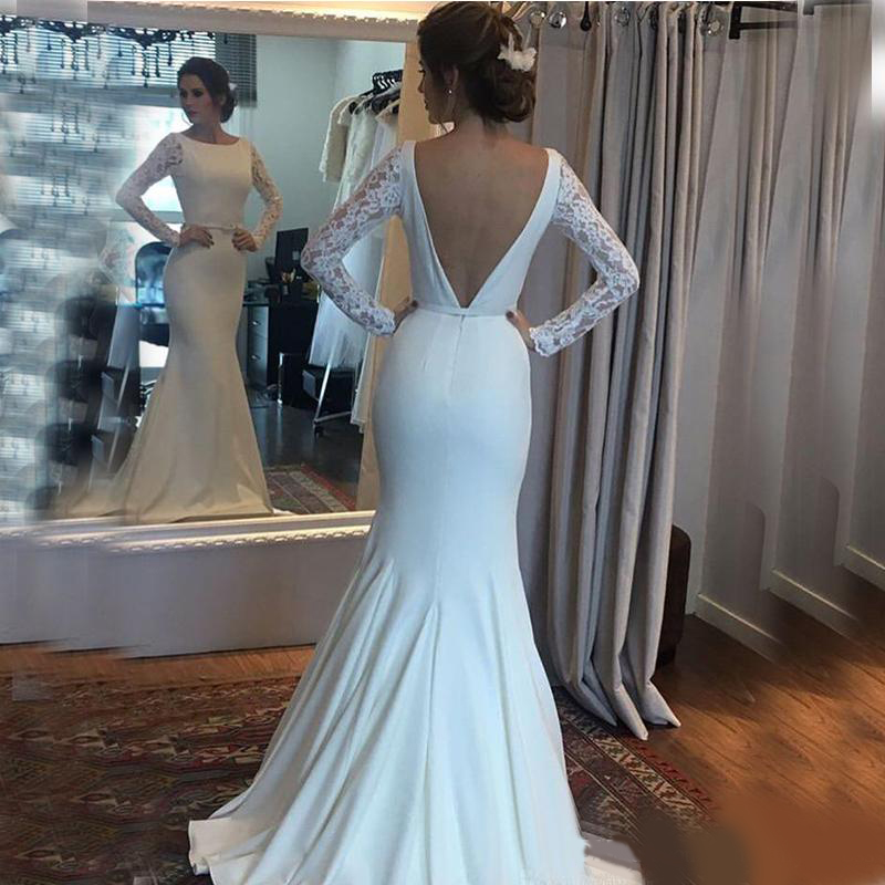 Gorgeous Mermaid Long Sleeve Wedding Dresses Lace Stain Long Sweep Train Jewel Neck Bridal Dress For Women Custom Made