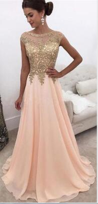 2020 Arab Evening Gowns A Line Formal Wear Sheer Scoop Neck Chiffon Long Prom Dresses With Gold Applique Beads