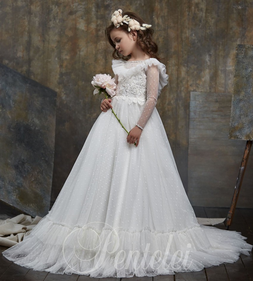 Bohemian Appliqued Backless Flower Girl Dresses For Wedding Bateau Neck Beaded Long Sleeves Toddler Pageant Gowns Tulle Kids Prom Dress 407