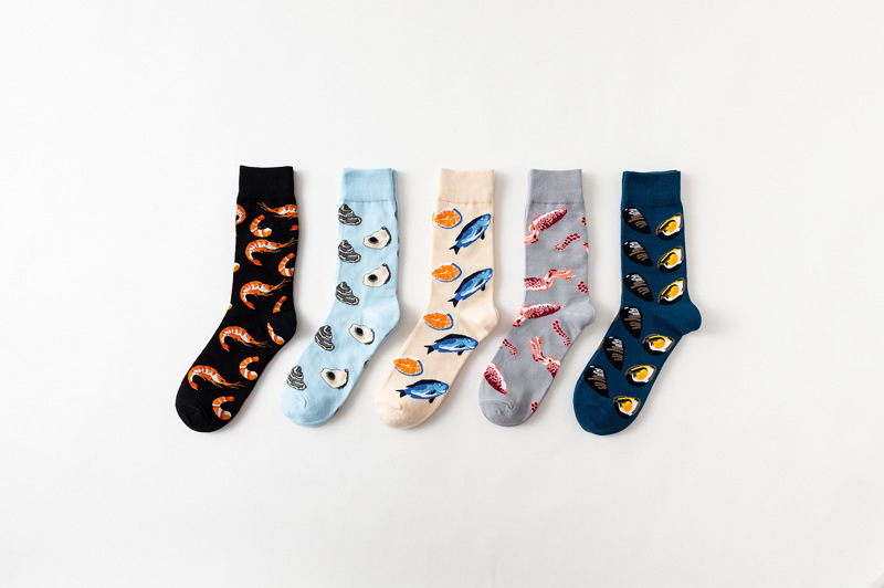 5 pair/lot men's socks novelty popular sea food animal fruit cartoon style colorful funny long socks for man causal dress