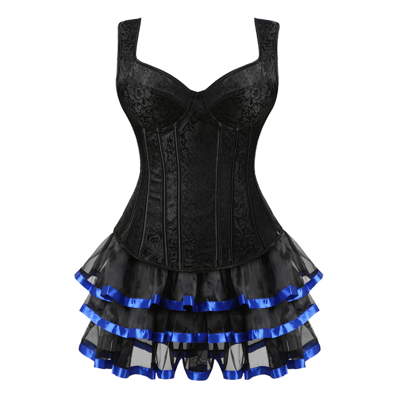 Women Corset Vest Skirt Set Retro Steampunk Side Zipper Halterneck Jacquard Overbust Bustier with Layered Mini Skirt Plus Size S-6XL