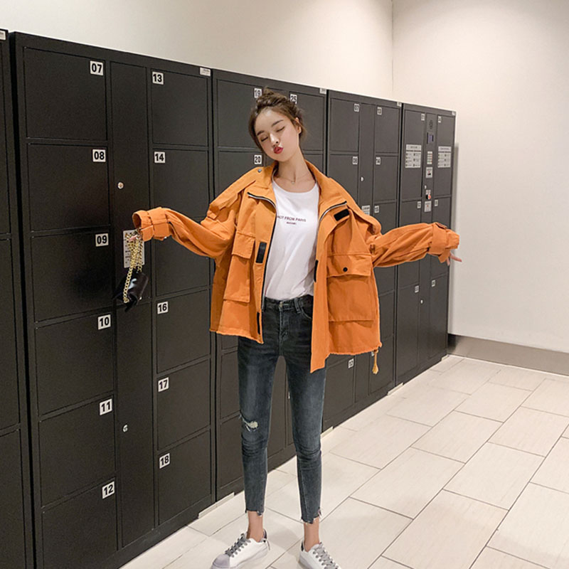 Female Jacket Spring Autumn New Korean Loose Solid color Stand Collar Zipper Short Women Windbreaker Fashion Long Sleeve Coat, Orange
Female Jacket Spring Autumn New Korean Loose Solid color Stand Collar Zipper Short Women Windbreaker Fashion Long Sleeve Coat, Orange