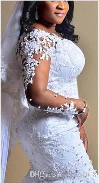 Modest Plus Size Dresses Saudi African Appliques Beads Illusion Mermaid Bridal Gowns Jewel Neck Long Sleeve Vintage Wedding Vestidos