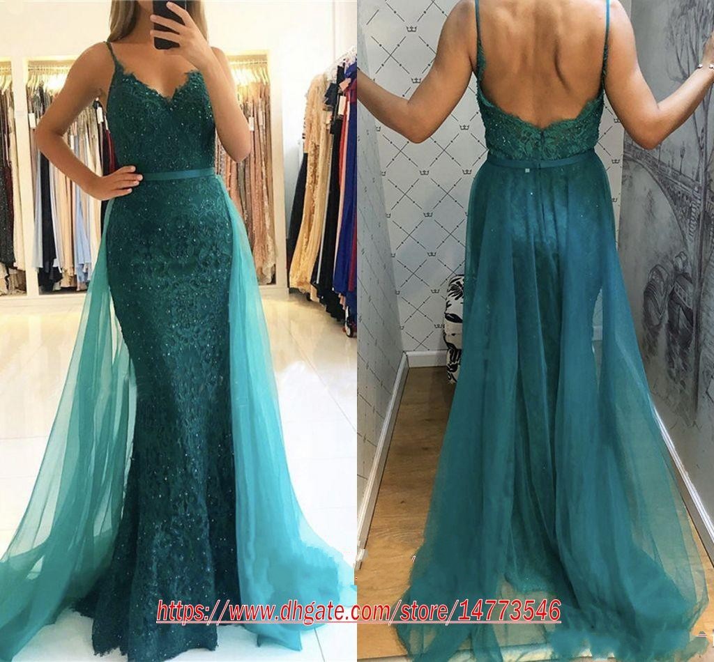 Green Sexy Dark Lace Mermaid Dresses With Detachable Train Spaghetti Straps Formal Pageant Prom Dress Cheap Party Evening Gowns