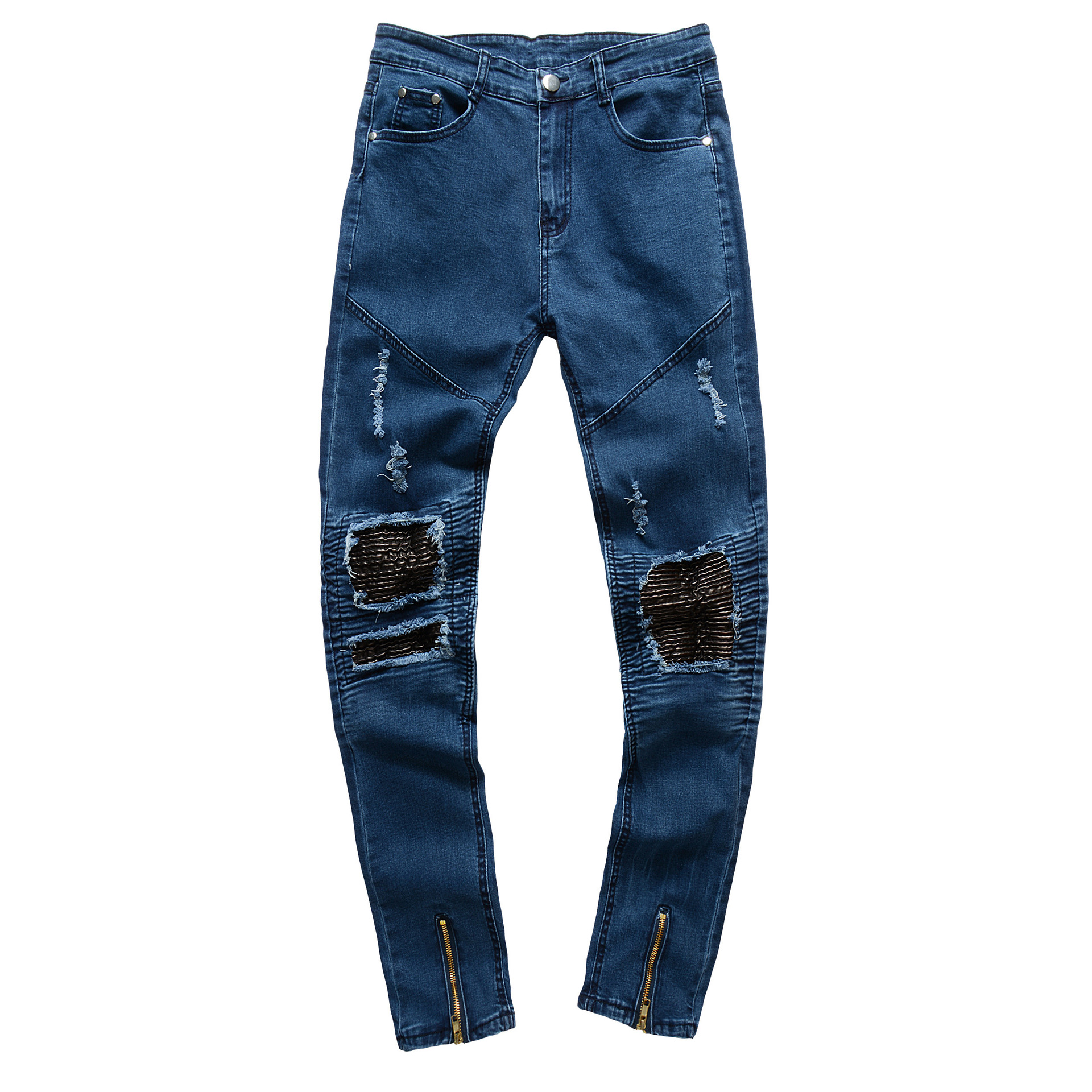 Fashion- Vintage Blue biker Jeans for men stretch denim skinny jeans Hip hop male streetwear Holes motorcycle pants