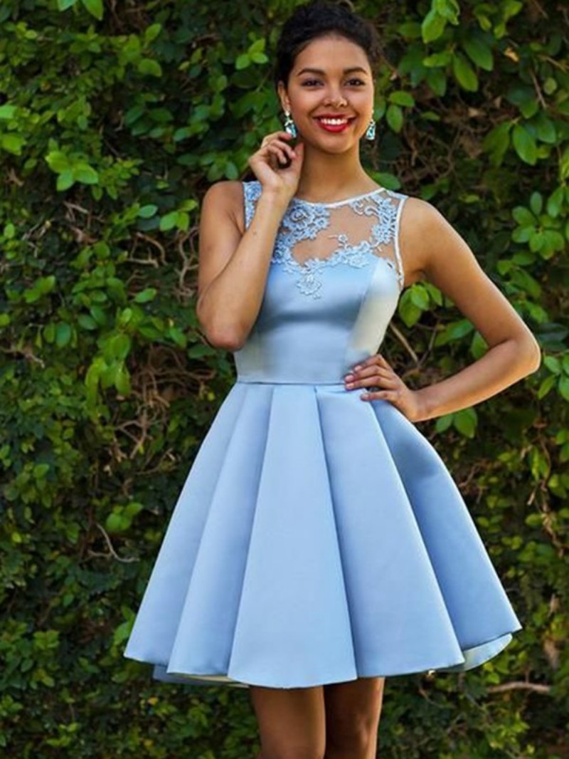Sky Blue Short Prom Dresses Lace Appliques Satin Ruffle Mini Evening Gowns Plus Size Cooktail Dress Special Occasion Homecoming Gown