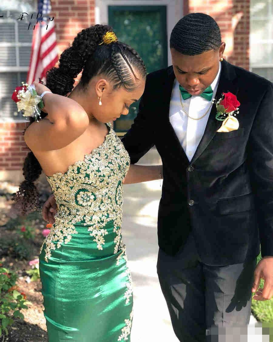One Dark Green Shoulder Prom Dresses Satin Sweep Train Gold Lace Applique Beaded Crystal Custom Made Mermaid Formal Evening Gown 2020 Newest