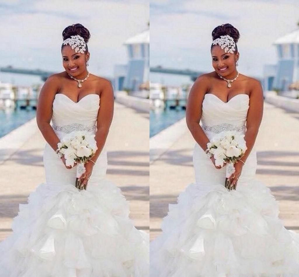 2020 Cheap Plus Size African Retro Mermaid Wedding Dresses Sweetheart Crystal Beaded Sash Organza Ruffles Tiered Custom Formal Bridal Gowns