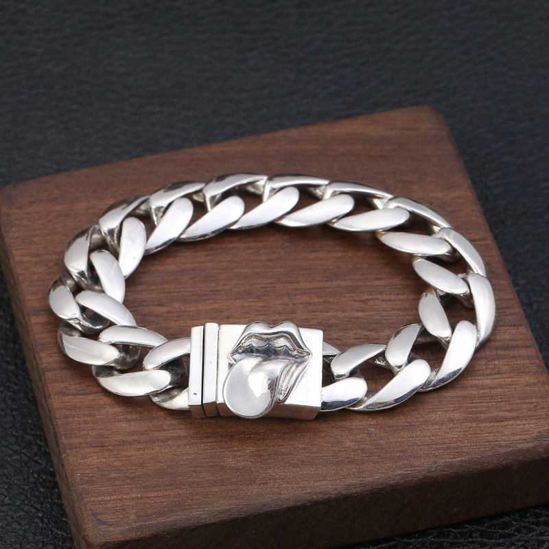 Gothic new 925 sterling silver handmade jewelry American European vintage antique silver big mouth tongue smooth link chain men's bracelets
