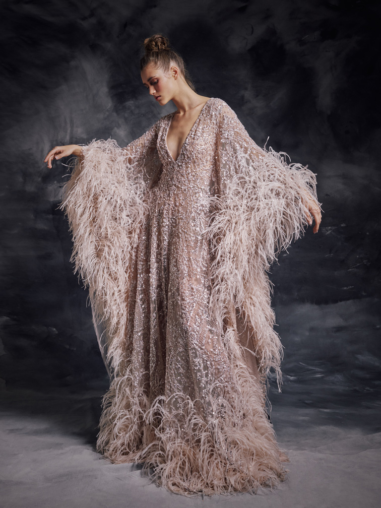 Modest Krikor Jabotian Elegant V Neck Long Sleeve A Line Evening Dresses Sequins Lace Feather Formal Dresses Sweep Train Party Gown