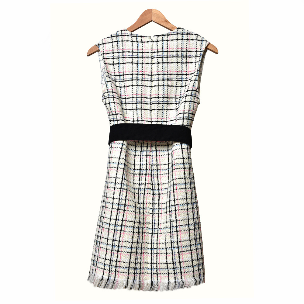 2020 Spring Summer Sleeveless Round Neck Multicolor Plaid Print Tweed Panelled Belted Short Mini Dress Women Fashion Dresses W1815066
