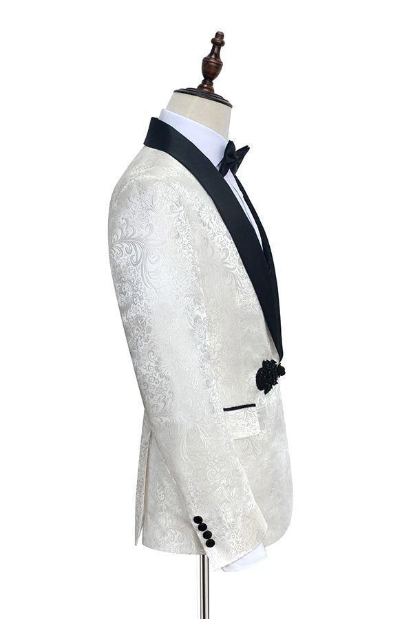 New Arrival Side Vent One Button Ivory Wedding Groom Tuxedos Shawl Lapel Groomsmen Men Suits Prom Blazer (Jacket+Pants+Vest+Tie) W47