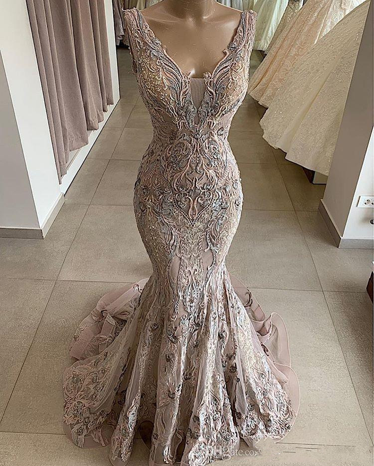 latest lace beaded mermaid dresses deep v neck appliqued backless pageant prom gowns formal party wear