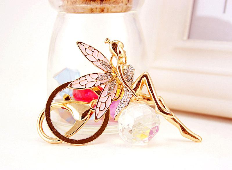 Keychain Enamel Alloy Rhinestone Fairy Tale Angel Wings Girl Crystal Ball Pendant Car Key Chains Gold Tone Lobster Clasp Key Ring 3pcs