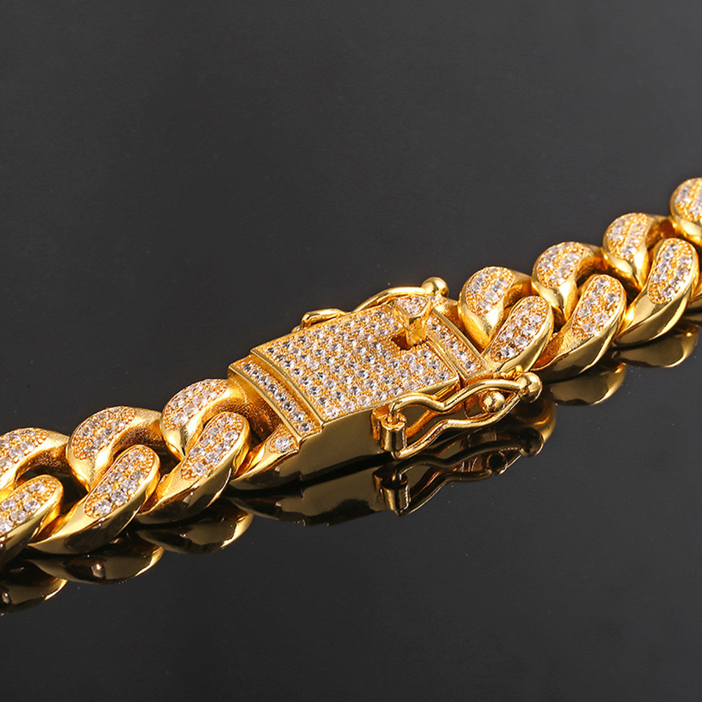 12MM Men's Hip Hop Cuban Chain Necklaces Shining Bling 18K Real Gold Plated Full Cubic Zirconia Setting Chains Jewelry