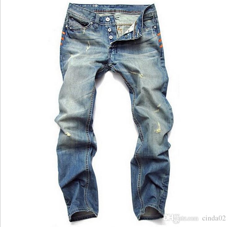 new fashion men slim casual pants elastic mens trousers light blue quality fit loose cotton denim brand jeans for men