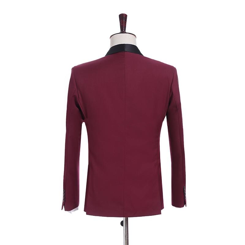 New Arrival Side Vent One Button Burgundy Wedding Groom Tuxedos Shawl Lapel Groomsmen Men Suits Prom Blazer (Jacket+Pants+Vest+Tie) W46