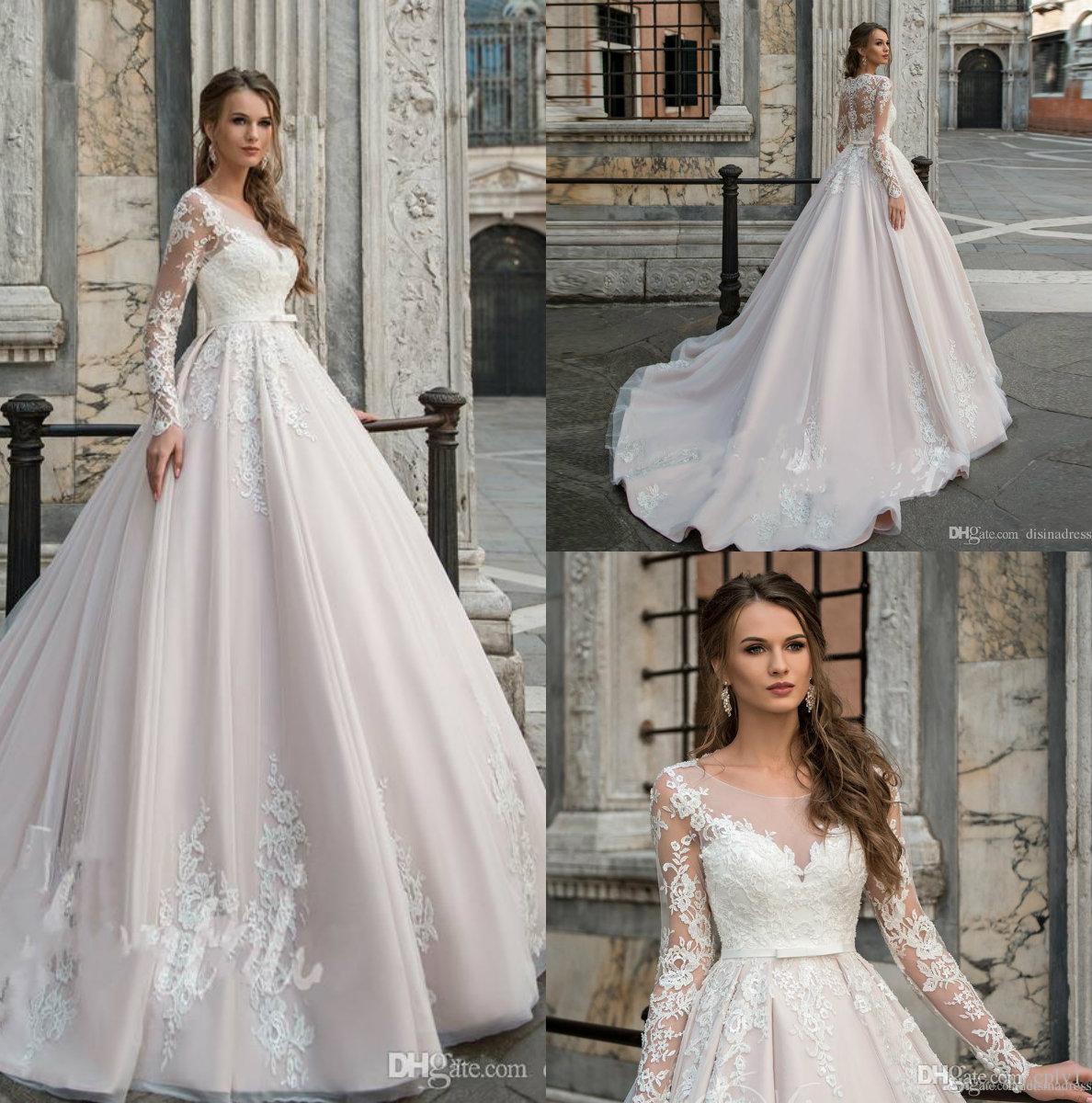 Elegant Lace Ball Gown Wedding Dresses Illusion Applique Lace Long Sleeve Wedding Bridal Gowns Sweep Train Vestido Custom Made, Pink
Elegant Lace Ball Gown Wedding Dresses Illusion Applique Lace Long Sleeve Wedding Bridal Gowns Sweep Train Vestido Custom Made, Pink