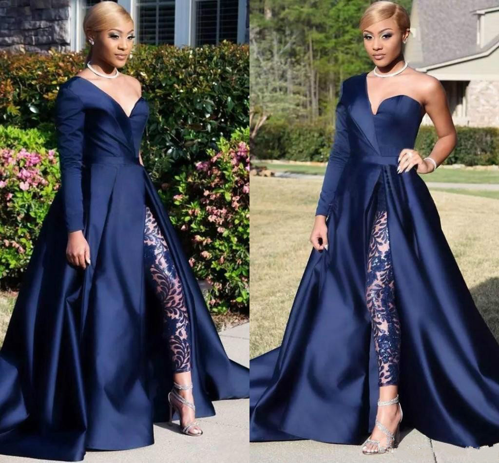 Dubai One Shoulder Evening Dresses Pant Suits 2020 A Line Royal Navy High Split Long Sleeves Formal Party Jumpsuit Celebrity Prom Gowns
