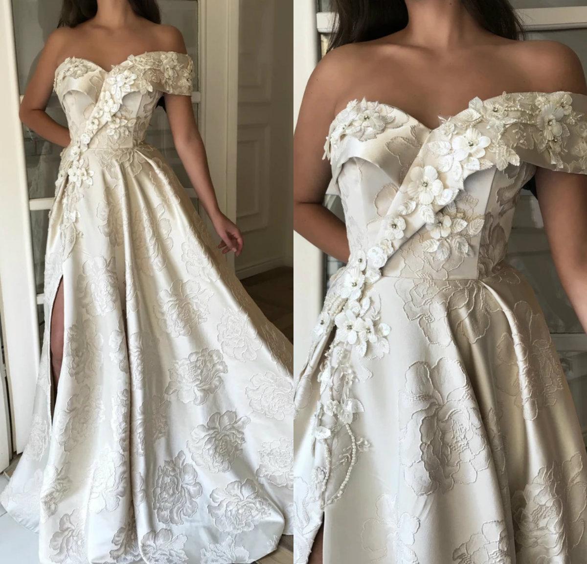 Split Evening Dresses 2020 Off Shoulder Lace 3D Floral Appliqued Beaded Prom Dress A Line Party Wear Sweep Train Satin Formal Gowns, Champagne
Split Evening Dresses 2020 Off Shoulder Lace 3D Floral Appliqued Beaded Prom Dress A Line Party Wear Sweep Train Satin Formal Gowns, Champagne