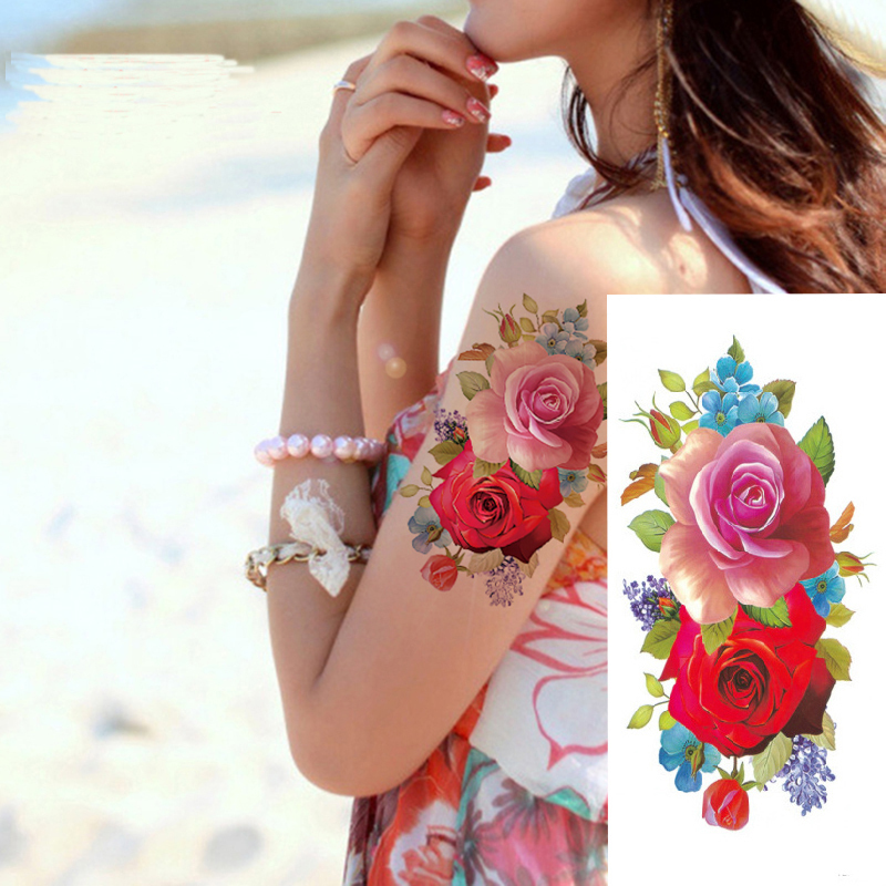 1pcs/ Women Men Diy Henna Body Art Tattoo 3d Lifelike Cherry Blossoms Rose Big Flowers Sex Waterproof Temporary Tattoos